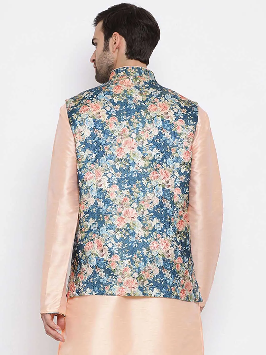 Jashvi Men's Peach And Blue  Printed Woven Nehru Jacket