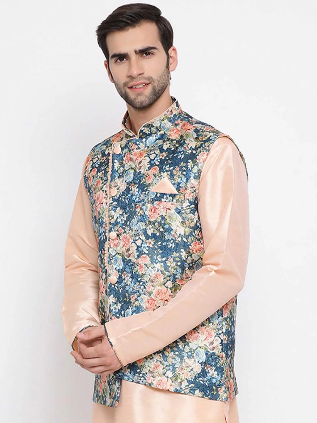 Jashvi Men's Peach And Blue  Printed Woven Nehru Jacket