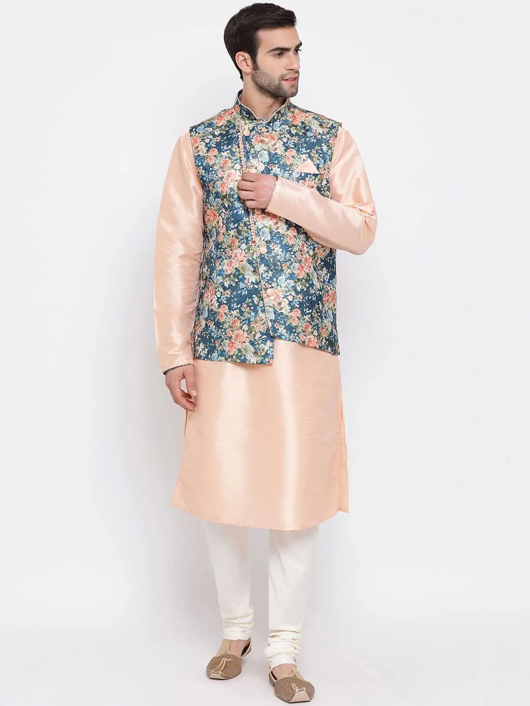 Jashvi Men's Peach And Blue  Printed Woven Nehru Jacket
