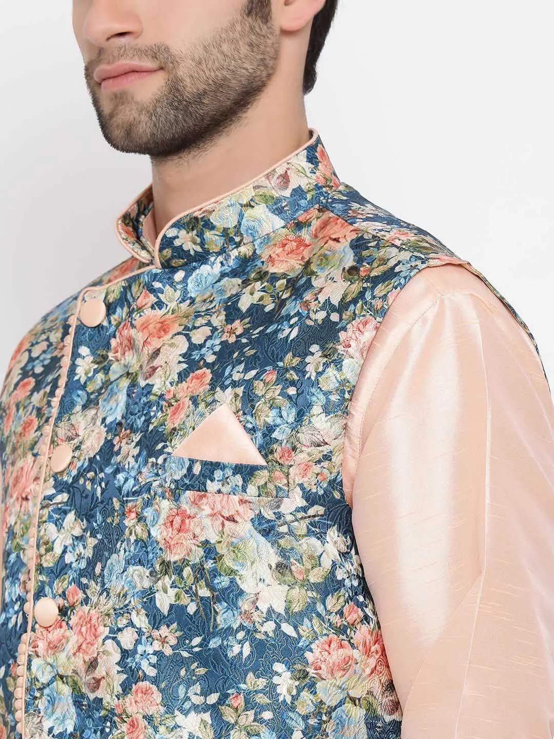 Jashvi Men's Peach And Blue  Printed Woven Nehru Jacket