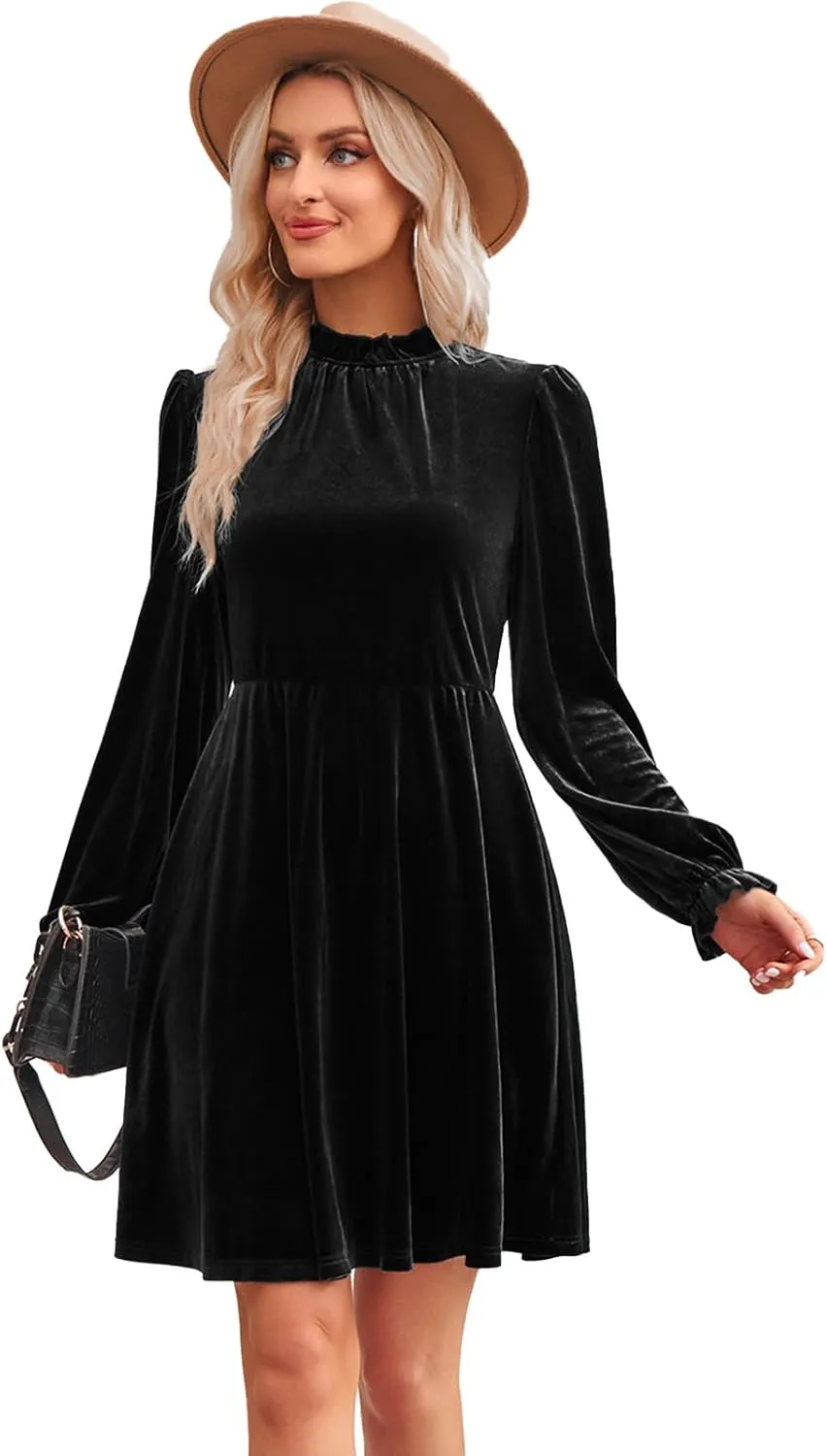 Jayscreate Women's 2023 Velvet Dress Elastic Waistline Fall Long Sleeve Wedding Guest Short Wrap Tunic Formal Dress