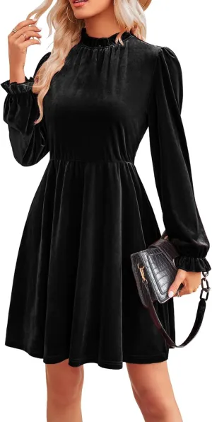 Jayscreate Women's 2023 Velvet Dress Elastic Waistline Fall Long Sleeve Wedding Guest Short Wrap Tunic Formal Dress