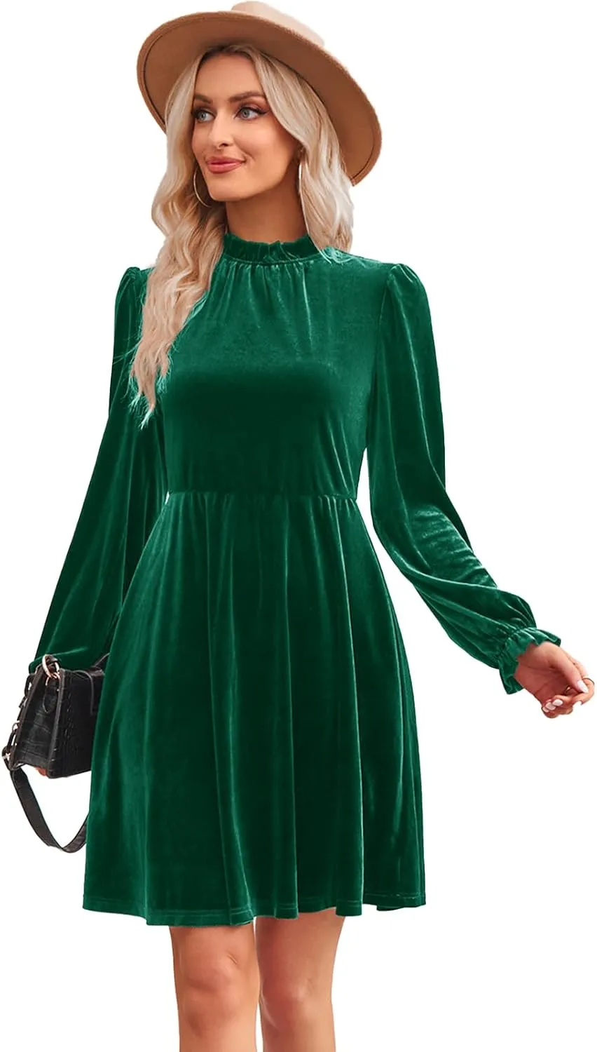 Jayscreate Women's 2023 Velvet Dress Elastic Waistline Fall Long Sleeve Wedding Guest Short Wrap Tunic Formal Dress