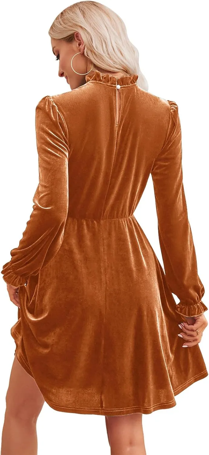 Jayscreate Women's 2023 Velvet Dress Elastic Waistline Fall Long Sleeve Wedding Guest Short Wrap Tunic Formal Dress