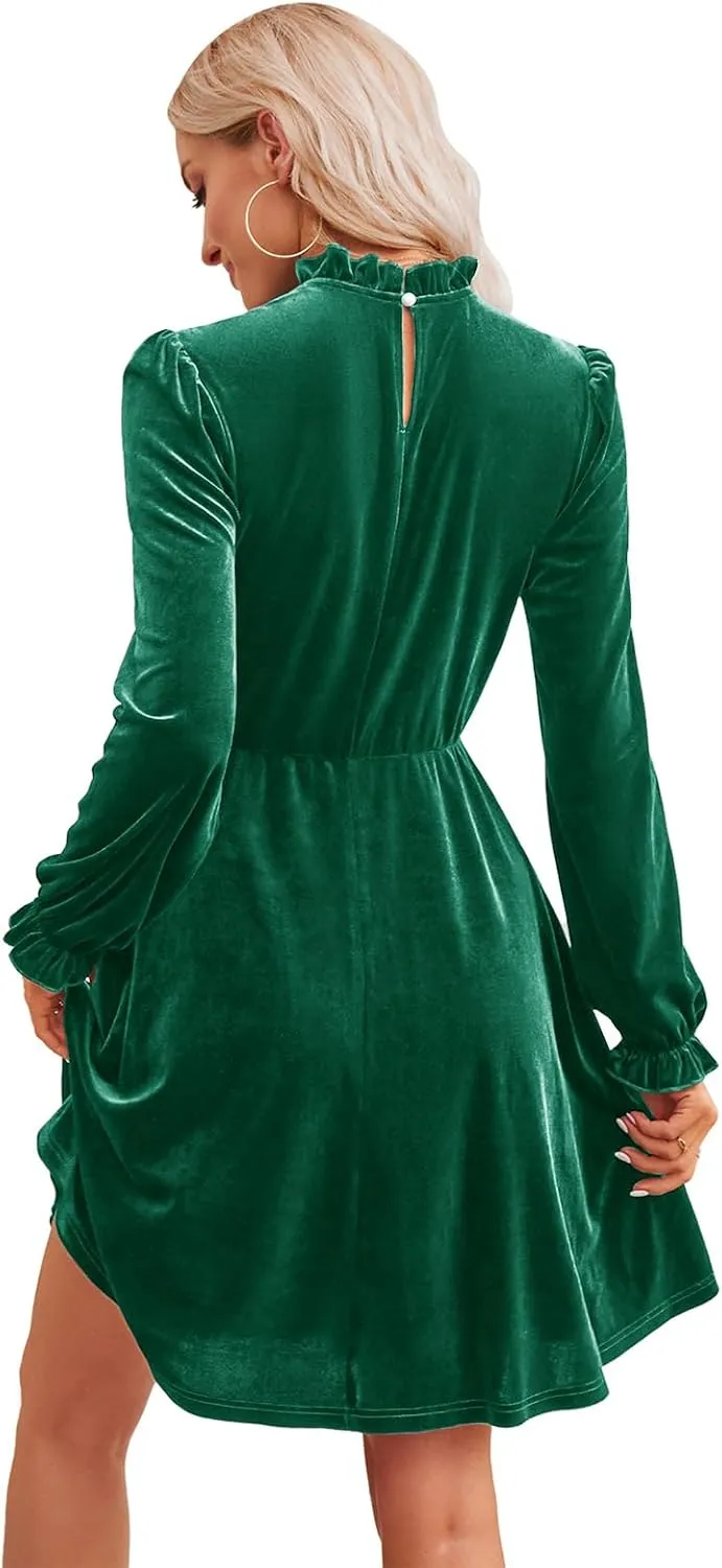 Jayscreate Women's 2023 Velvet Dress Elastic Waistline Fall Long Sleeve Wedding Guest Short Wrap Tunic Formal Dress