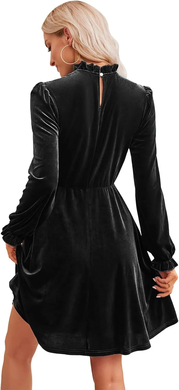 Jayscreate Women's 2023 Velvet Dress Elastic Waistline Fall Long Sleeve Wedding Guest Short Wrap Tunic Formal Dress