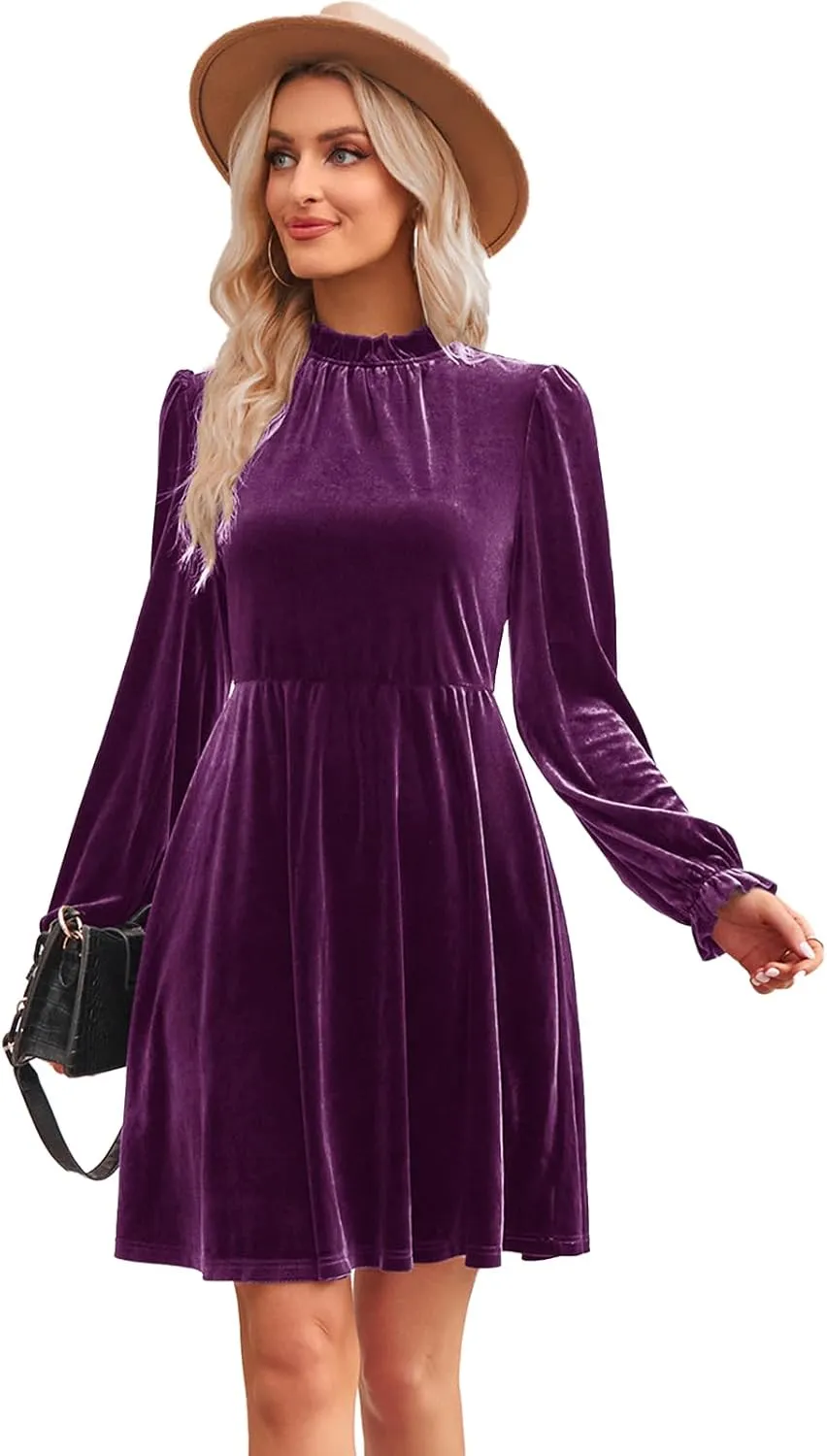 Jayscreate Women's 2023 Velvet Dress Elastic Waistline Fall Long Sleeve Wedding Guest Short Wrap Tunic Formal Dress