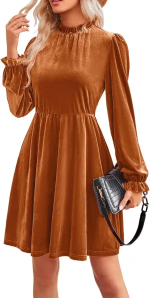 Jayscreate Women's 2023 Velvet Dress Elastic Waistline Fall Long Sleeve Wedding Guest Short Wrap Tunic Formal Dress