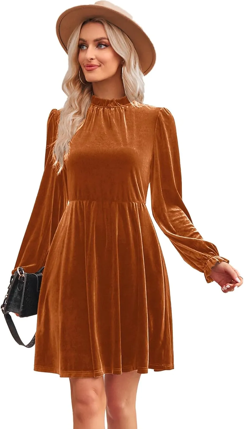 Jayscreate Women's 2023 Velvet Dress Elastic Waistline Fall Long Sleeve Wedding Guest Short Wrap Tunic Formal Dress