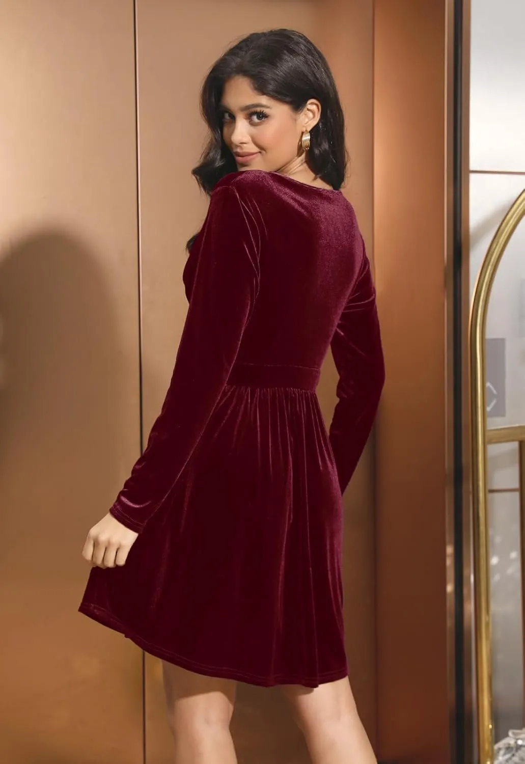 Jayscreate Women's 2024 V Neck Velvet Dress Pocket Long Sleeve Fall Winter Wrap Tunic Short Party Wedding Guest Dress