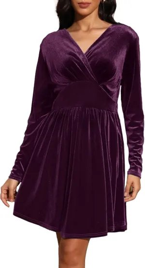 Jayscreate Women's 2024 V Neck Velvet Dress Pocket Long Sleeve Fall Winter Wrap Tunic Short Party Wedding Guest Dress
