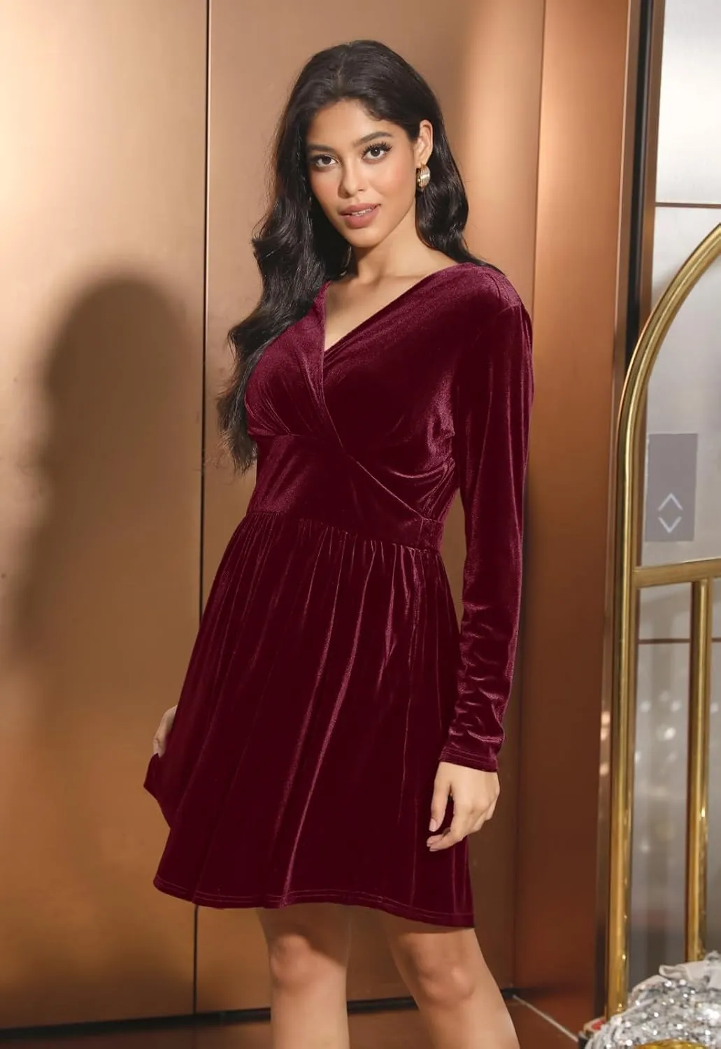 Jayscreate Women's 2024 V Neck Velvet Dress Pocket Long Sleeve Fall Winter Wrap Tunic Short Party Wedding Guest Dress