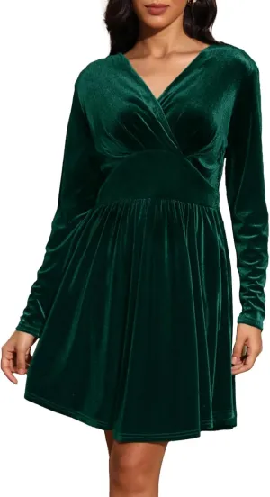 Jayscreate Women's 2024 V Neck Velvet Dress Pocket Long Sleeve Fall Winter Wrap Tunic Short Party Wedding Guest Dress