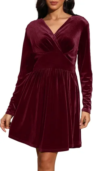 Jayscreate Women's 2024 V Neck Velvet Dress Pocket Long Sleeve Fall Winter Wrap Tunic Short Party Wedding Guest Dress