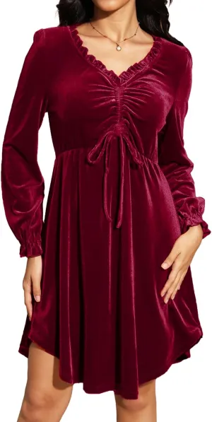 Jayscreate Women's V Neck Velvet Dress Tie Front Waist 2024 Ruffle Long Sleeve Wedding Guest Short Wrap Formal Dress