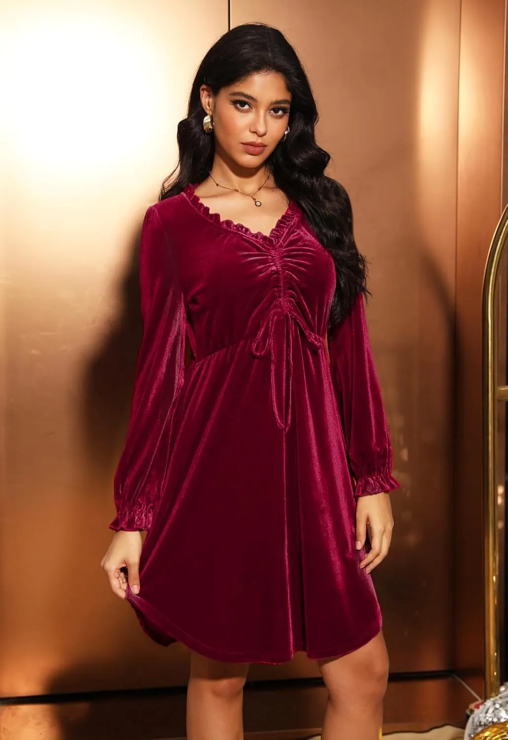 Jayscreate Women's V Neck Velvet Dress Tie Front Waist 2024 Ruffle Long Sleeve Wedding Guest Short Wrap Formal Dress