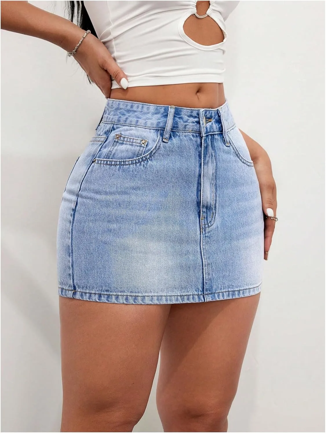 MakeMeChic Women's Y2K Denim Skirt High Waisted Button Bodycon Mini Jean Skirt with Pocket
