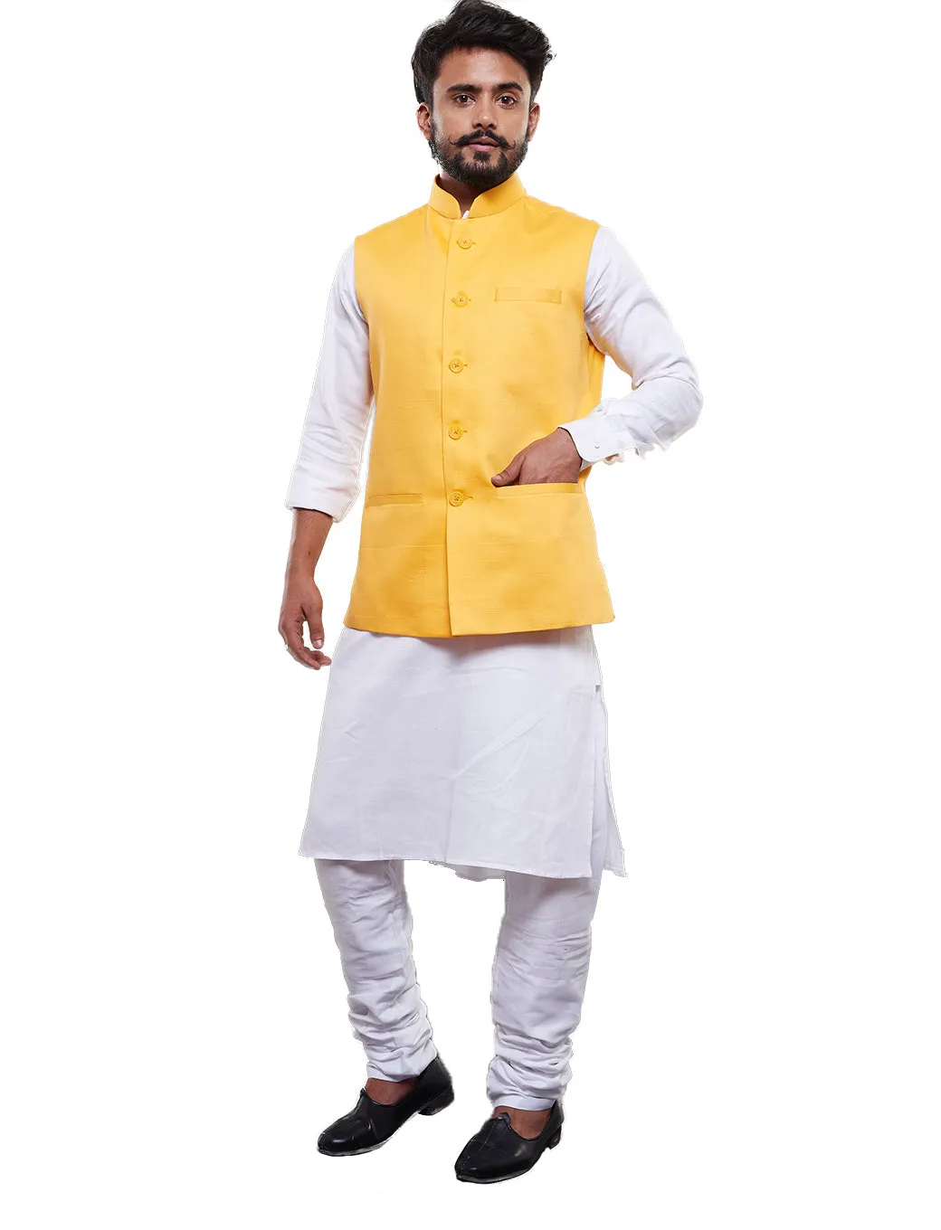 Men's Yellow Cotton Blend Nehru Jacket
