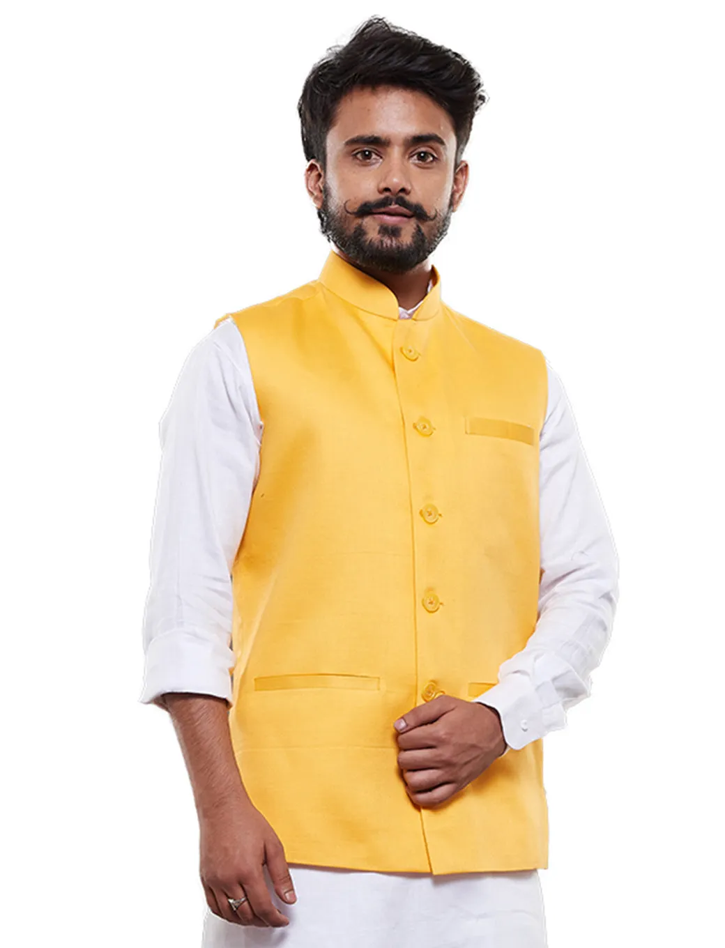Men's Yellow Cotton Blend Nehru Jacket