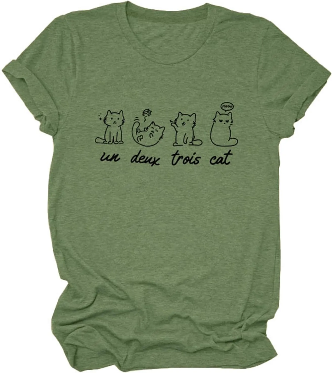 Meow Un Deux Trois Cat Shirt, Meow Cat Cute Graphic Tees for Women Pet Lover Short Sleeve Summer Tops