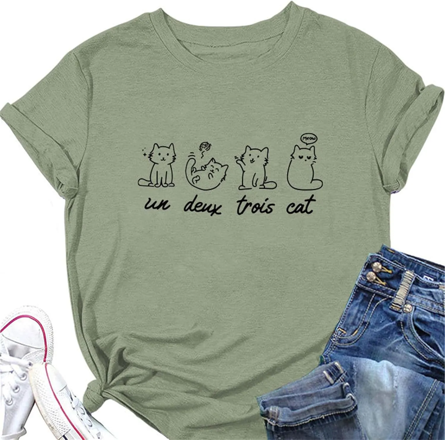 Meow Un Deux Trois Cat Shirt, Meow Cat Cute Graphic Tees for Women Pet Lover Short Sleeve Summer Tops