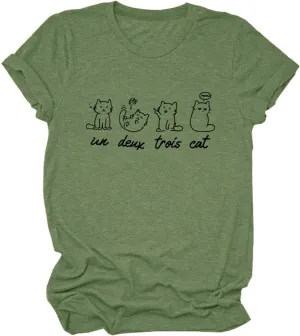 Meow Un Deux Trois Cat Shirt, Meow Cat Cute Graphic Tees for Women Pet Lover Short Sleeve Summer Tops