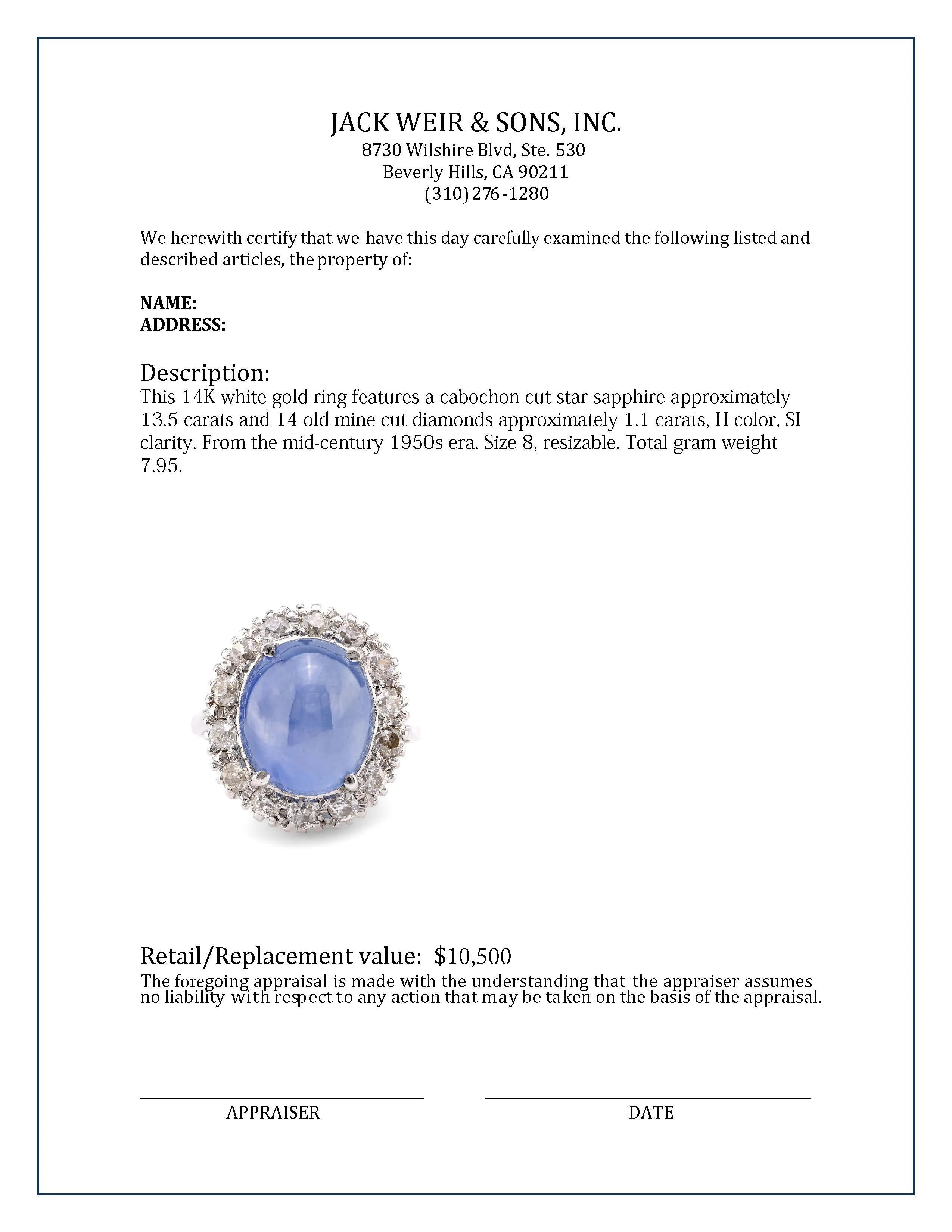 Mid-Century 13.5 Carat Cabochon Star Sapphire Diamond 14K White Gold Ring