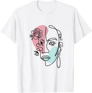 Minimalist Abstract Woman Face Floral Line Art T-Shirt