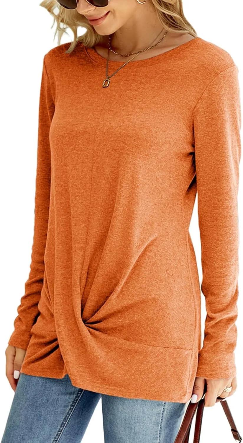 Naggoo Women's Long Sleeve Twist Front Tunic Tops Crew Neck Casual Loose Fit Dressy Shirts Blouses