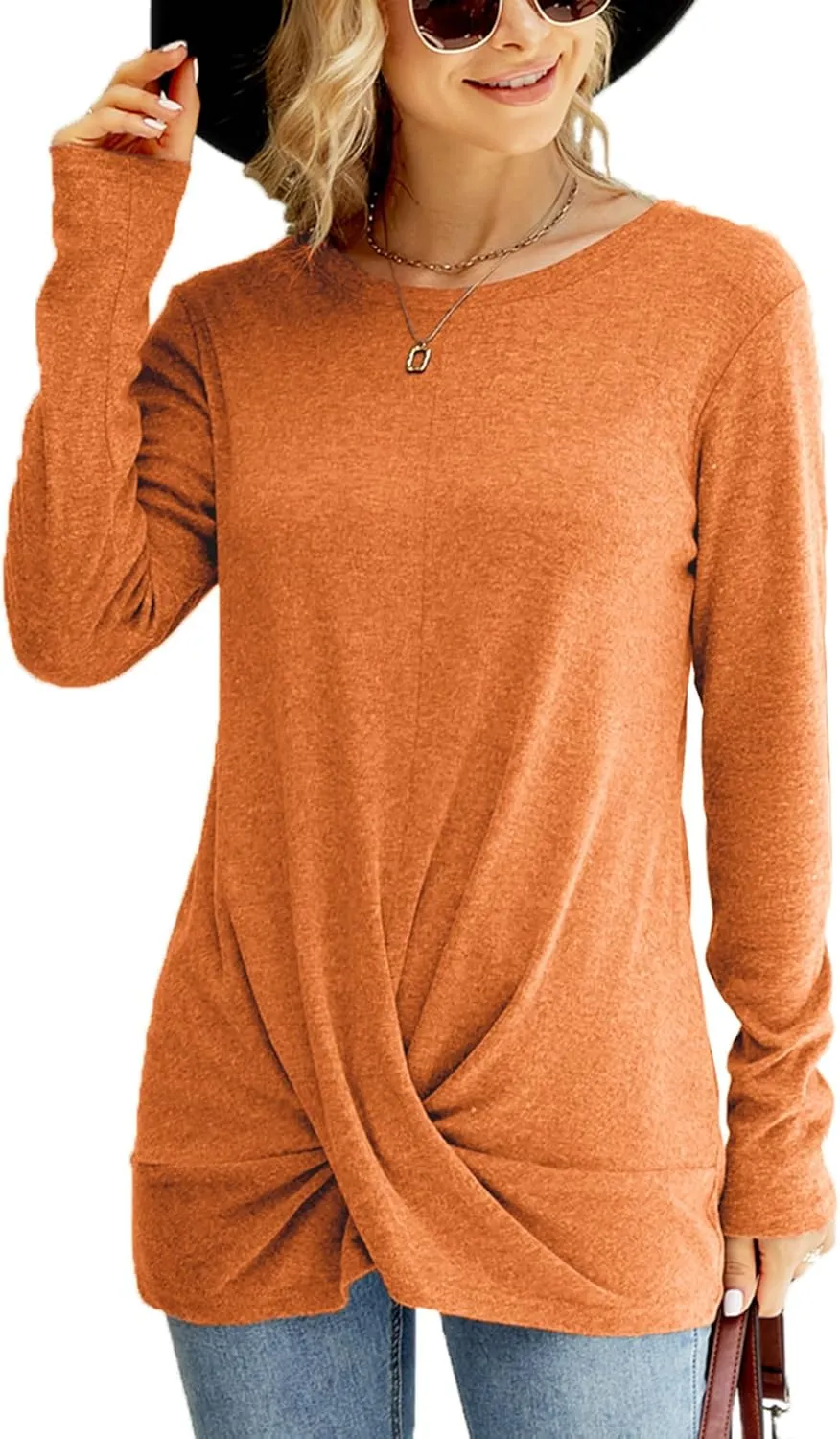 Naggoo Women's Long Sleeve Twist Front Tunic Tops Crew Neck Casual Loose Fit Dressy Shirts Blouses