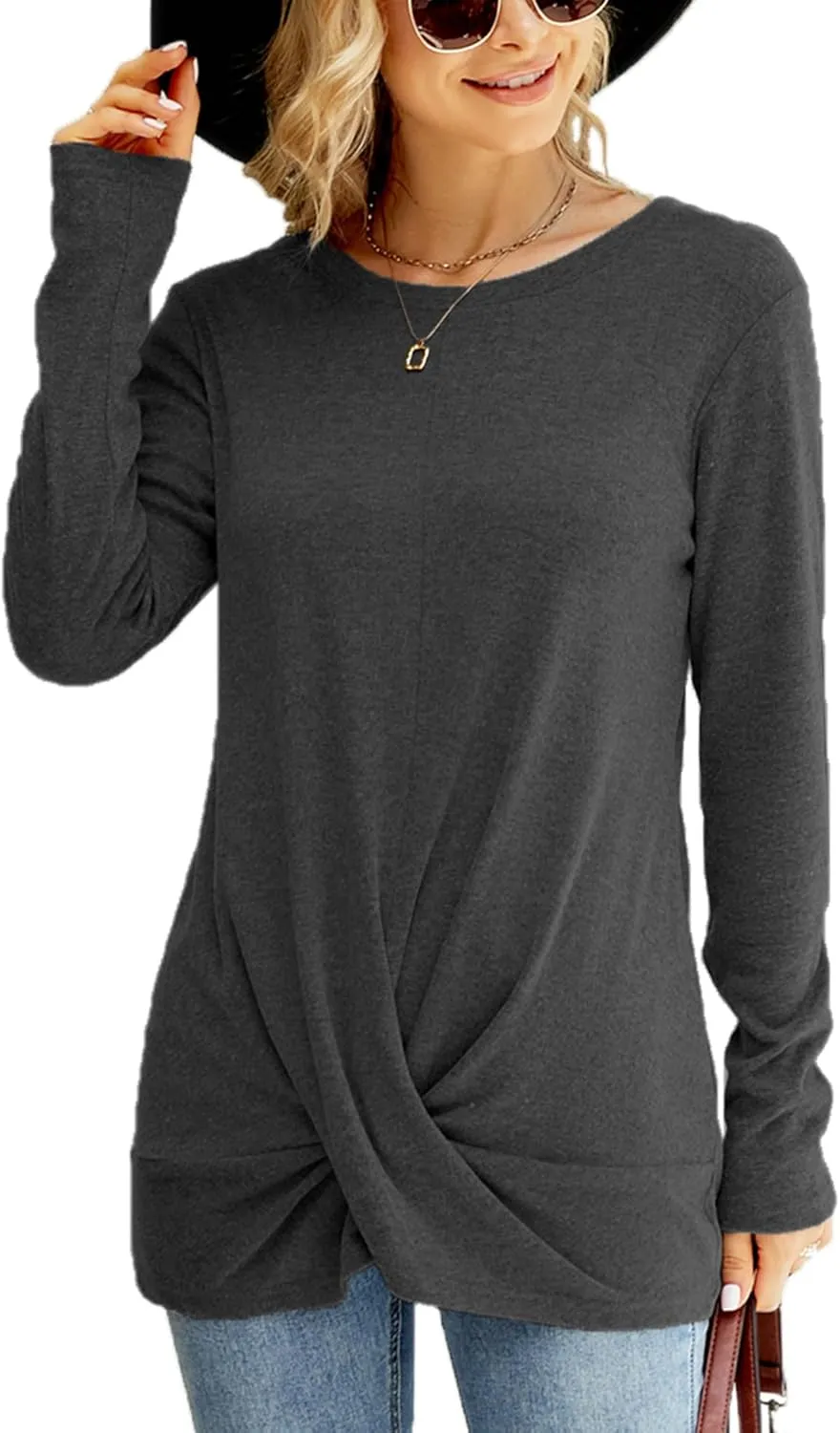 Naggoo Women's Long Sleeve Twist Front Tunic Tops Crew Neck Casual Loose Fit Dressy Shirts Blouses