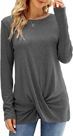 Naggoo Women's Long Sleeve Twist Front Tunic Tops Crew Neck Casual Loose Fit Dressy Shirts Blouses