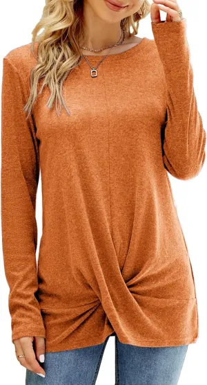 Naggoo Women's Long Sleeve Twist Front Tunic Tops Crew Neck Casual Loose Fit Dressy Shirts Blouses