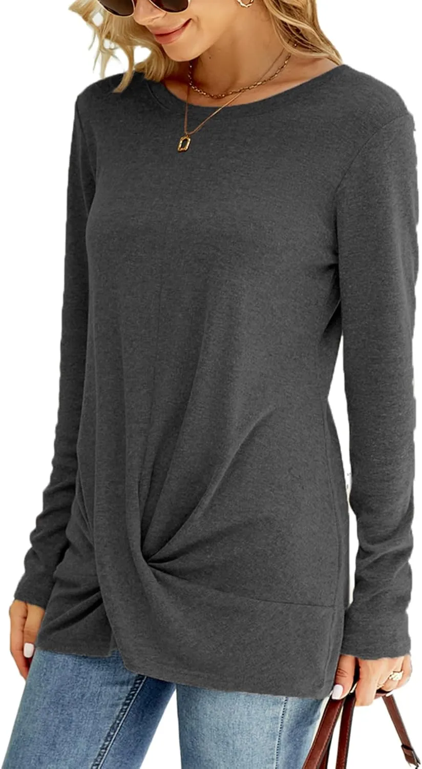 Naggoo Women's Long Sleeve Twist Front Tunic Tops Crew Neck Casual Loose Fit Dressy Shirts Blouses