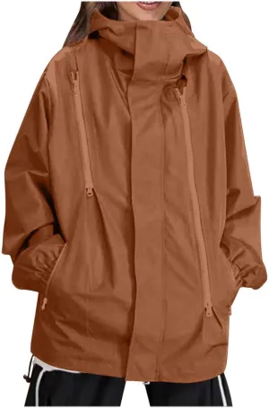 Oversized Waterproof Rain Jacket for Women Full Zip Up Lightweight Rain Coat Outdoor Windbreaker Hooded Coats