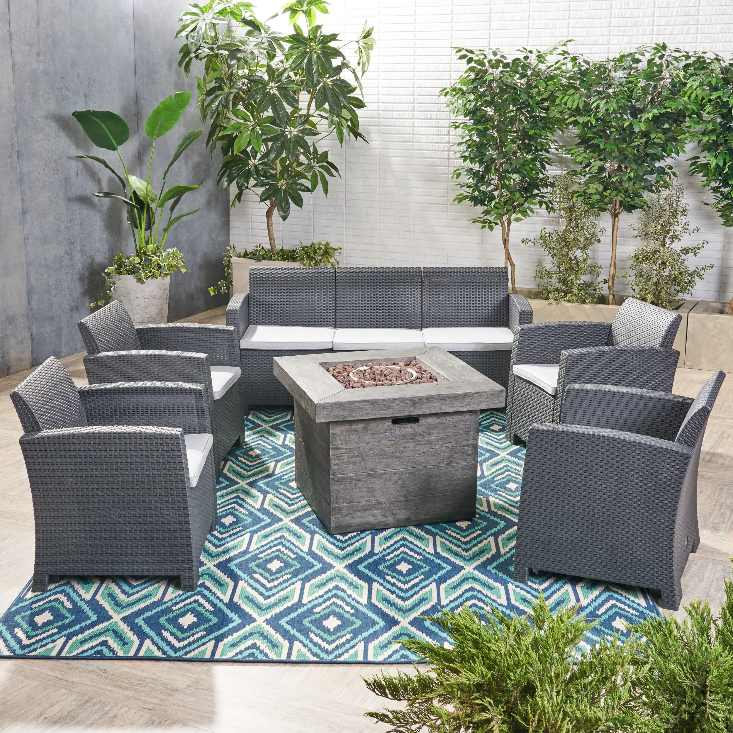 Peter Outdoor 7-Seater Chat Set with Fire Pit