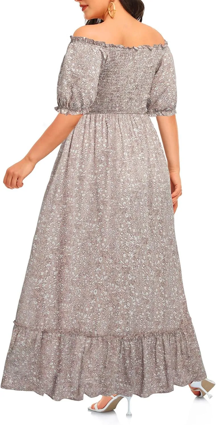 Plus Size Summer Dresses Maxi - Boho Casual Off Shoulder Floral Lace Long Dress with Pockets