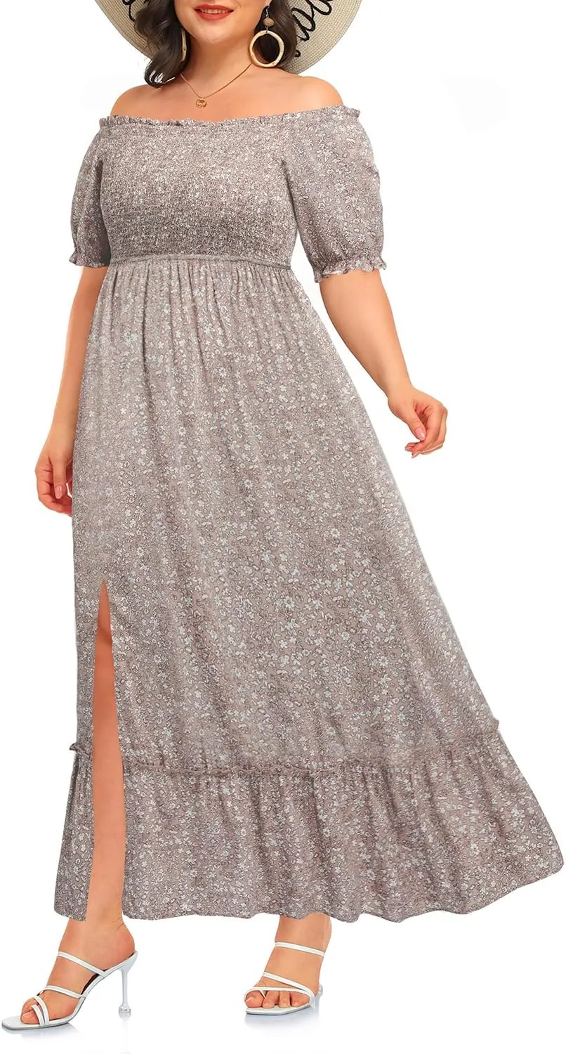 Plus Size Summer Dresses Maxi - Boho Casual Off Shoulder Floral Lace Long Dress with Pockets