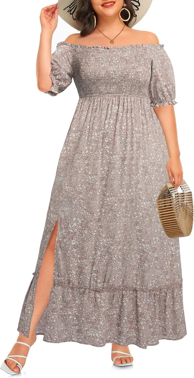 Plus Size Summer Dresses Maxi - Boho Casual Off Shoulder Floral Lace Long Dress with Pockets