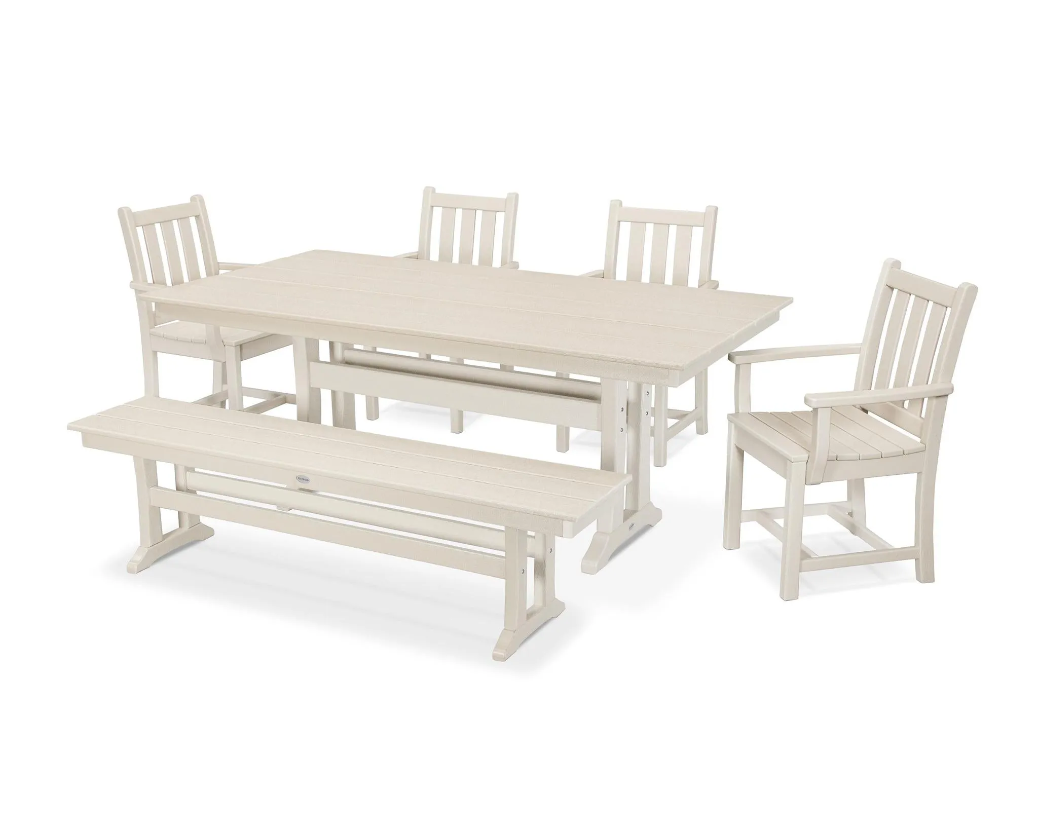Polywood: Traditional Garden Arm Chair 6-Piece Farmhouse Dining Set with Trestle Legs and Bench