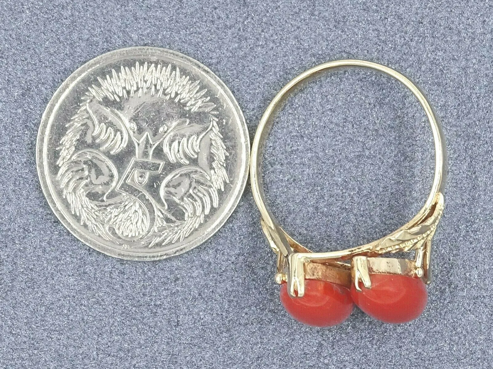 Red Coral 14ct Yellow Gold Ring with Patterned Shoulders