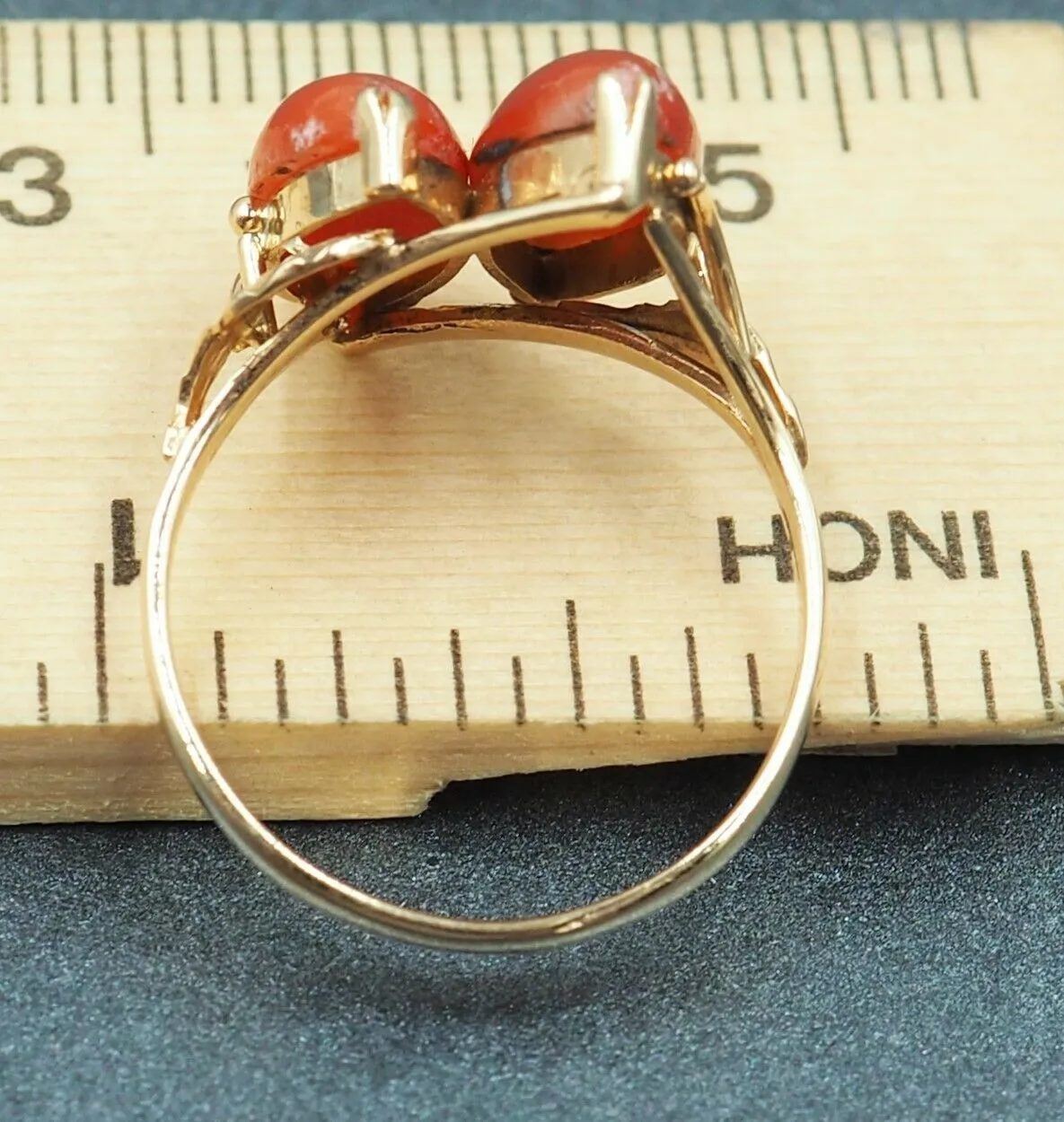 Red Coral 14ct Yellow Gold Ring with Patterned Shoulders