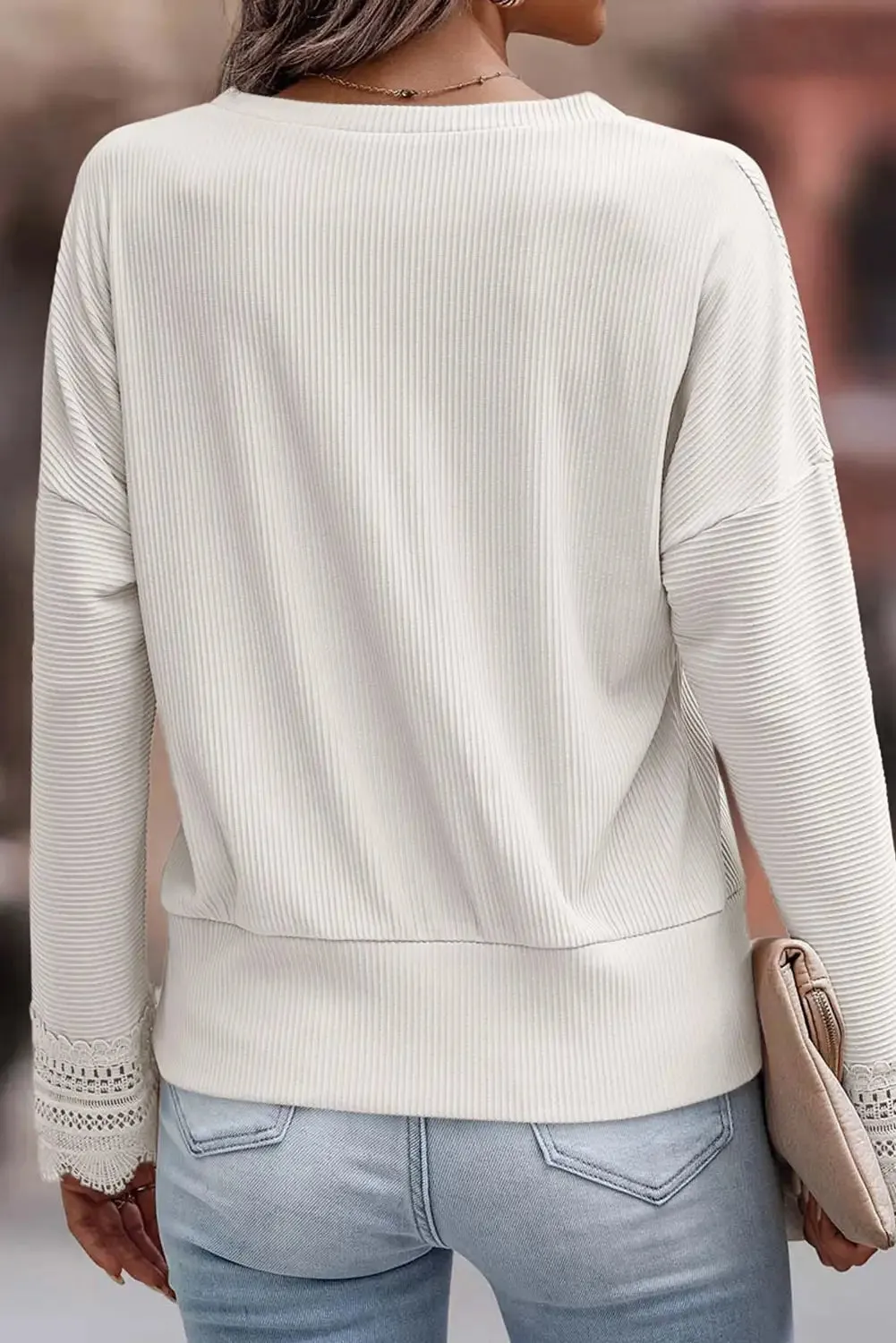 Ribbed Lace V Neck Top White