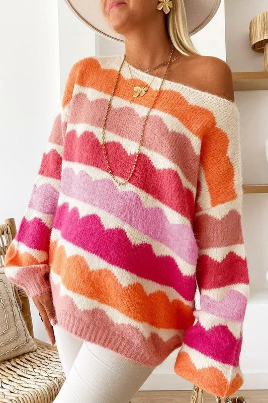 Rose Red Wave Striped Balloon Sleeve Drop Sweater
