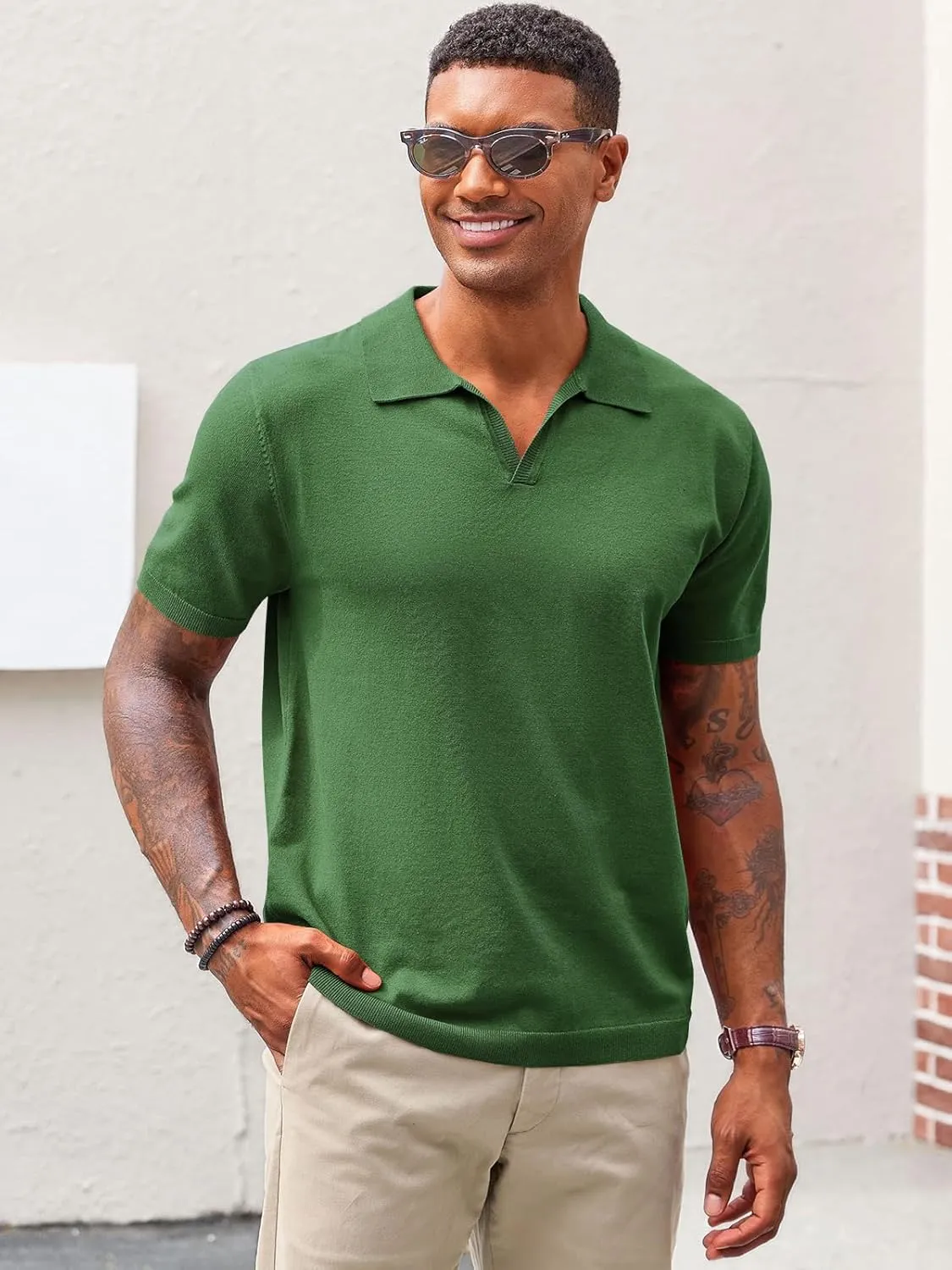 Runcati Men's V Neck Polo Shirts Short Sleeve Muscle Gym Knitted Golf Shirts Casual Slim Fit Tops
