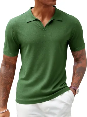 Runcati Men's V Neck Polo Shirts Short Sleeve Muscle Gym Knitted Golf Shirts Casual Slim Fit Tops