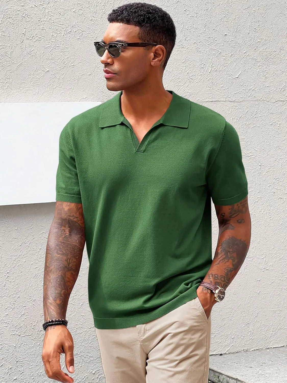 Runcati Men's V Neck Polo Shirts Short Sleeve Muscle Gym Knitted Golf Shirts Casual Slim Fit Tops