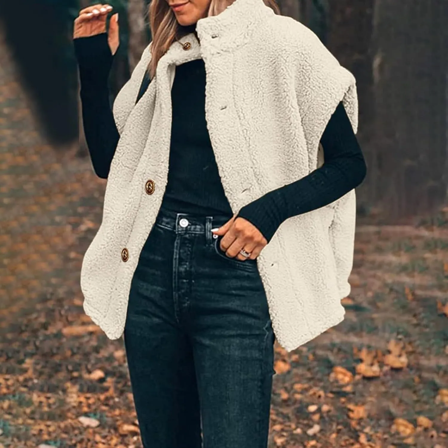 Sherpa Vest Women Sleeveless Button Down Fuzzy Fleece Vest Jacket Casual Oversized Vests Outerwear with Pockets