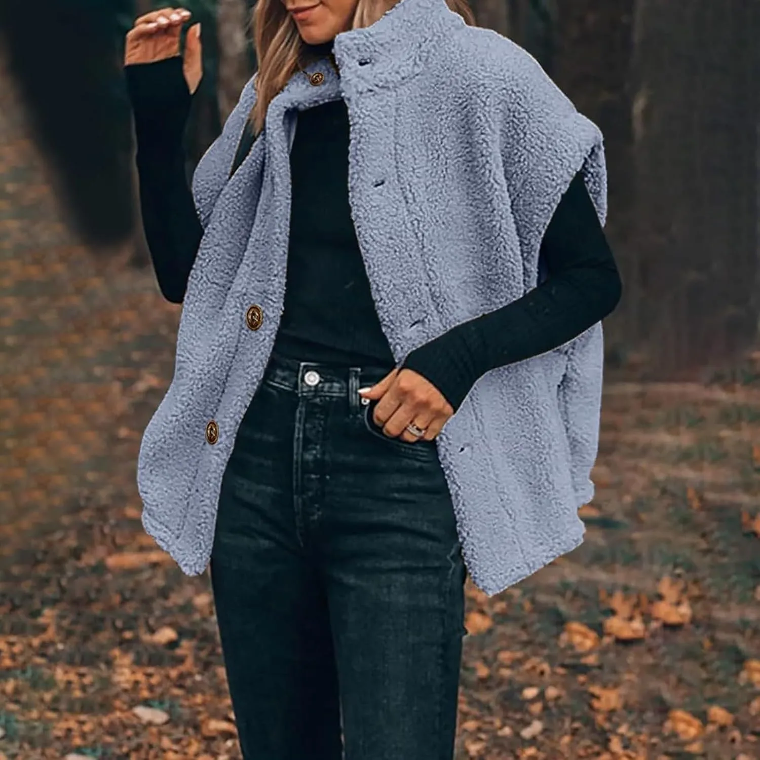 Sherpa Vest Women Sleeveless Button Down Fuzzy Fleece Vest Jacket Casual Oversized Vests Outerwear with Pockets