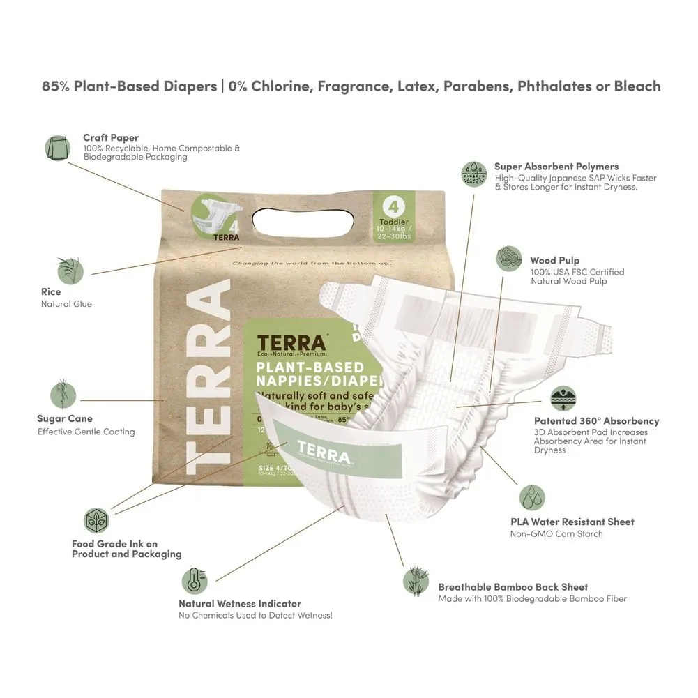 Terra 8-Pack Natural Plant-Based Eco-Friendly Diapers - 144 diapers, 18 count per pack (Size 4, Toddler)